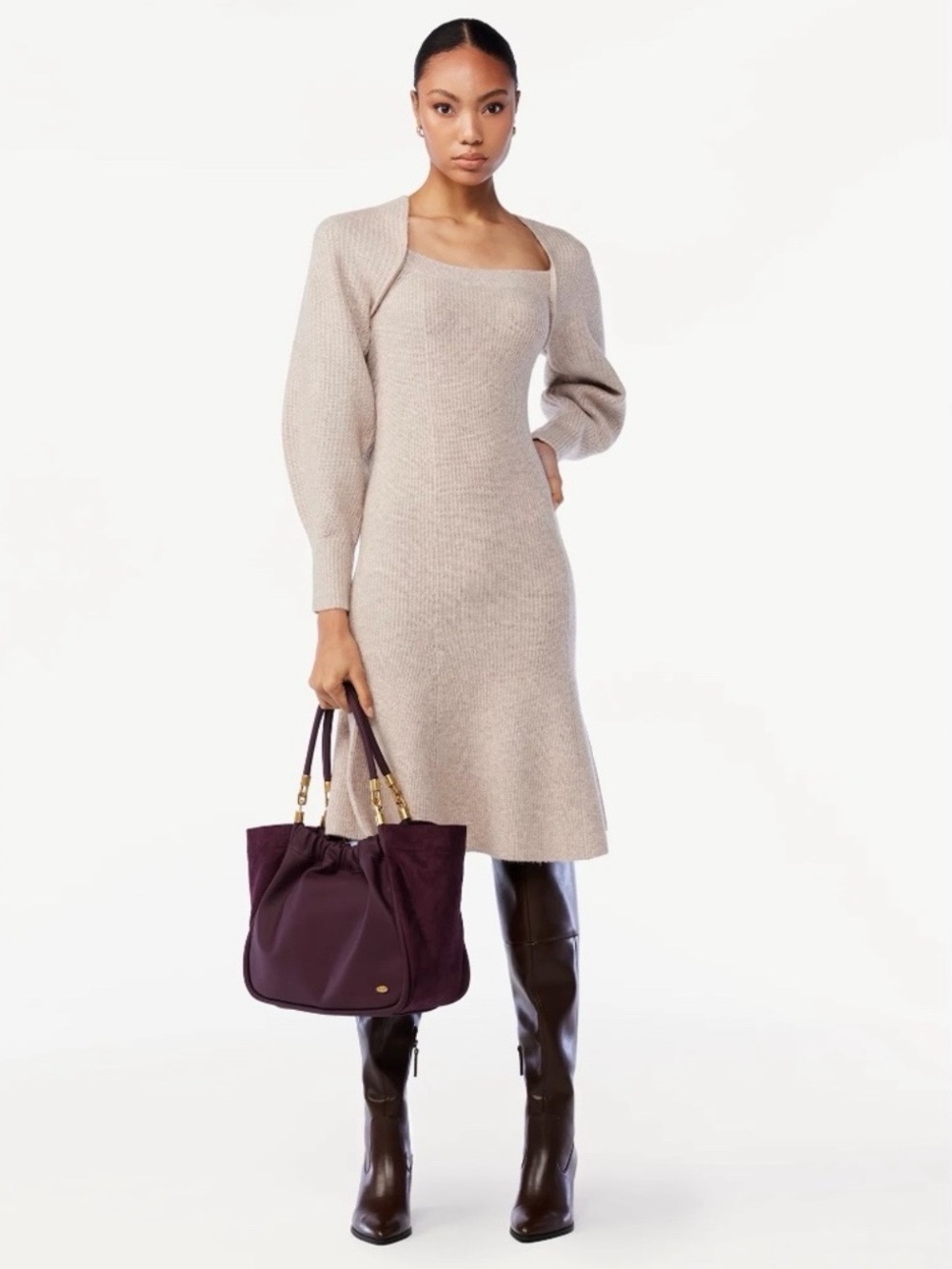 Scoop Knit Square-Neck Midi Dress in Beige Size XL ( 16-18)